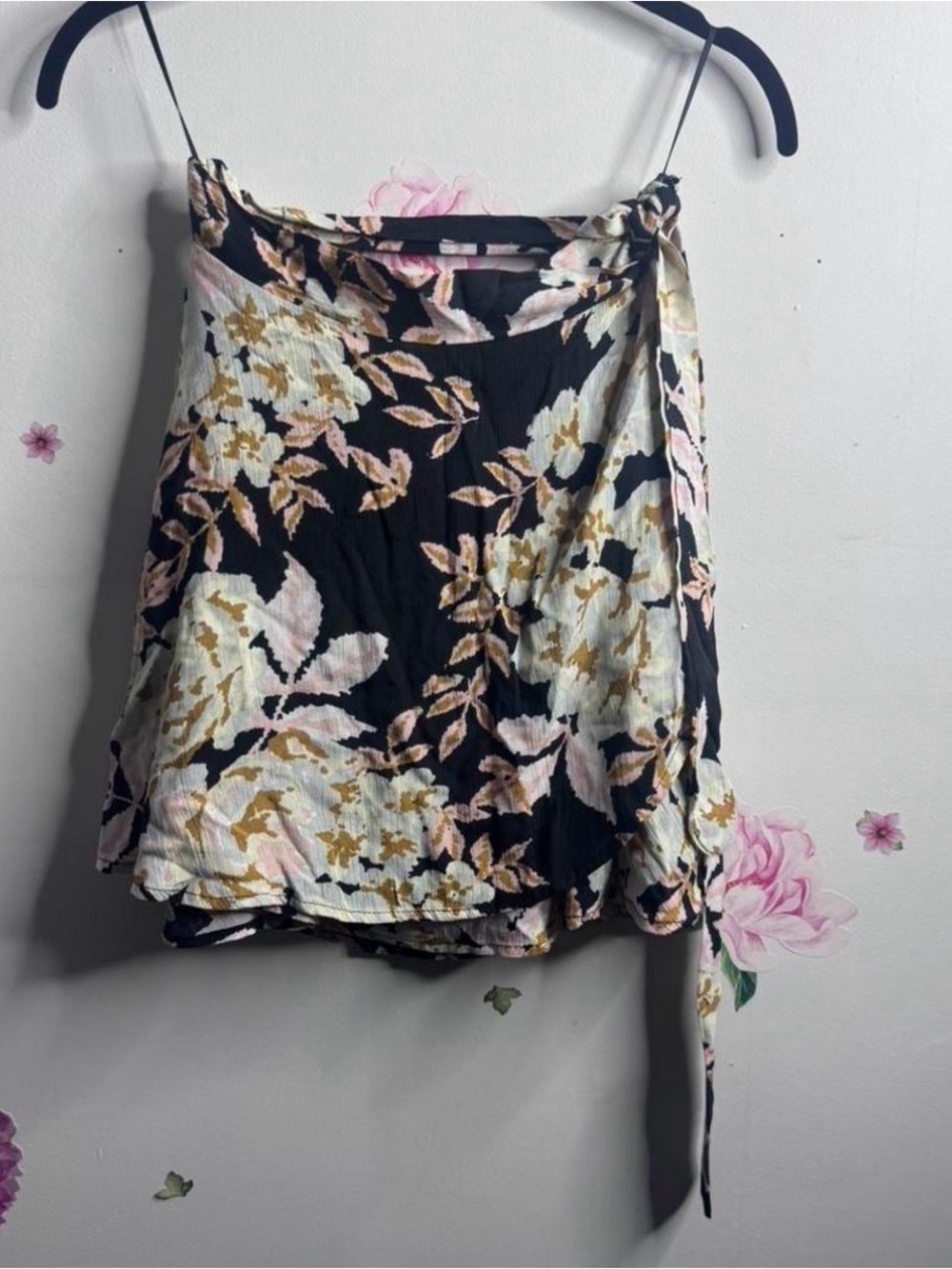 Vintage Havana Black Floral Wrap Skirt with Pink & Gold Accents